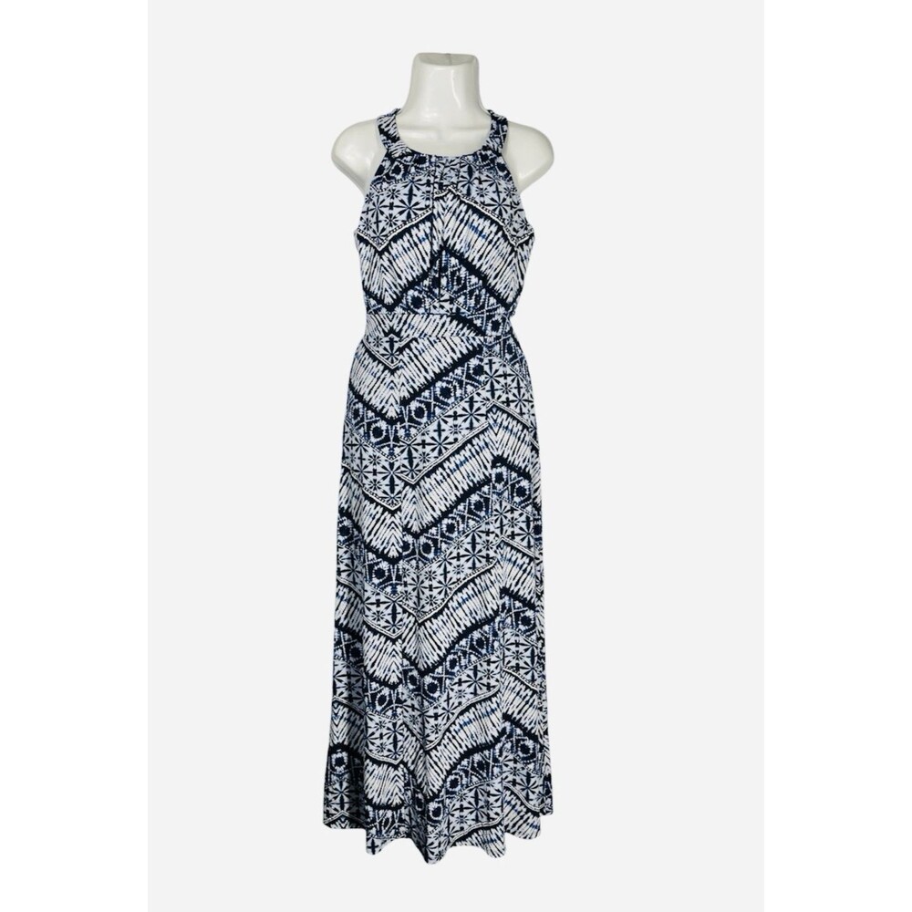 Enfocus Studio Dress Women Size 6 Blue White Geometric Halter Maxi Sleeveless